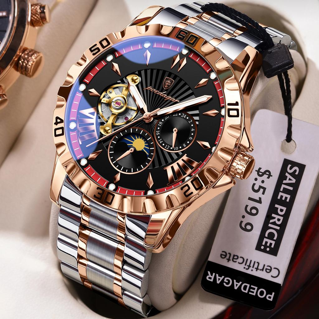 POEDAGAR 1415 Luxus Herren Skelett Tourbillon Automatisch Mechanische Herrenuhr Wasserdicht Leuchtend Edelstahl Herrenuhren