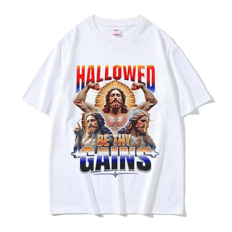 Hallowed Be Thy Gains Jesus Pump Cover Funny Meme Tshirts Unisexs Humor Fitness Muscular T Shirts Unisex Women Casual Cotton Tshirt 2XL