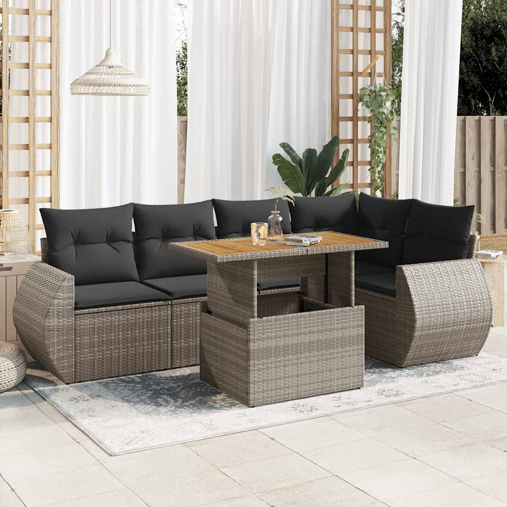 Vidaxl 6-Cz. Garden Furniture Set With Cushions, Grey, Poly Rattan