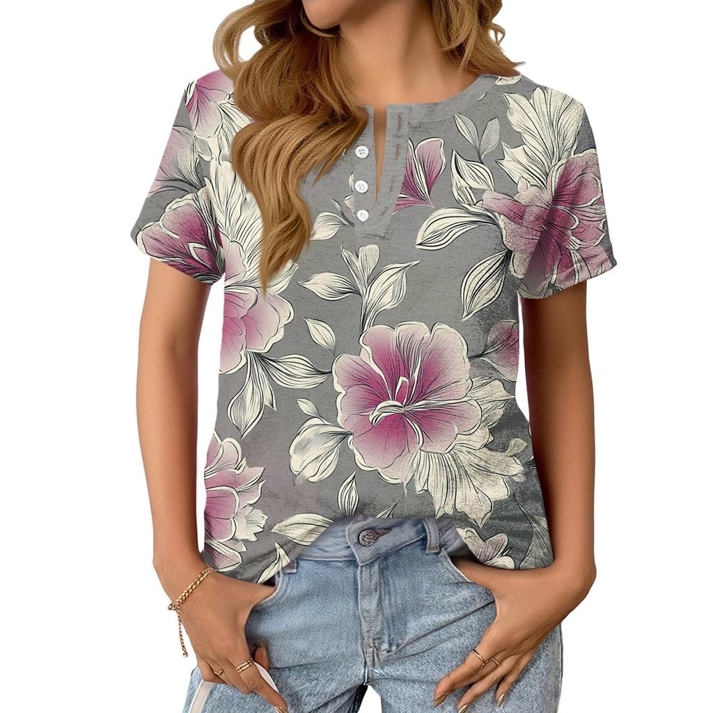 Women's Fashionable Casual Summer Floral Print V-neck Button Short-sleeved Top