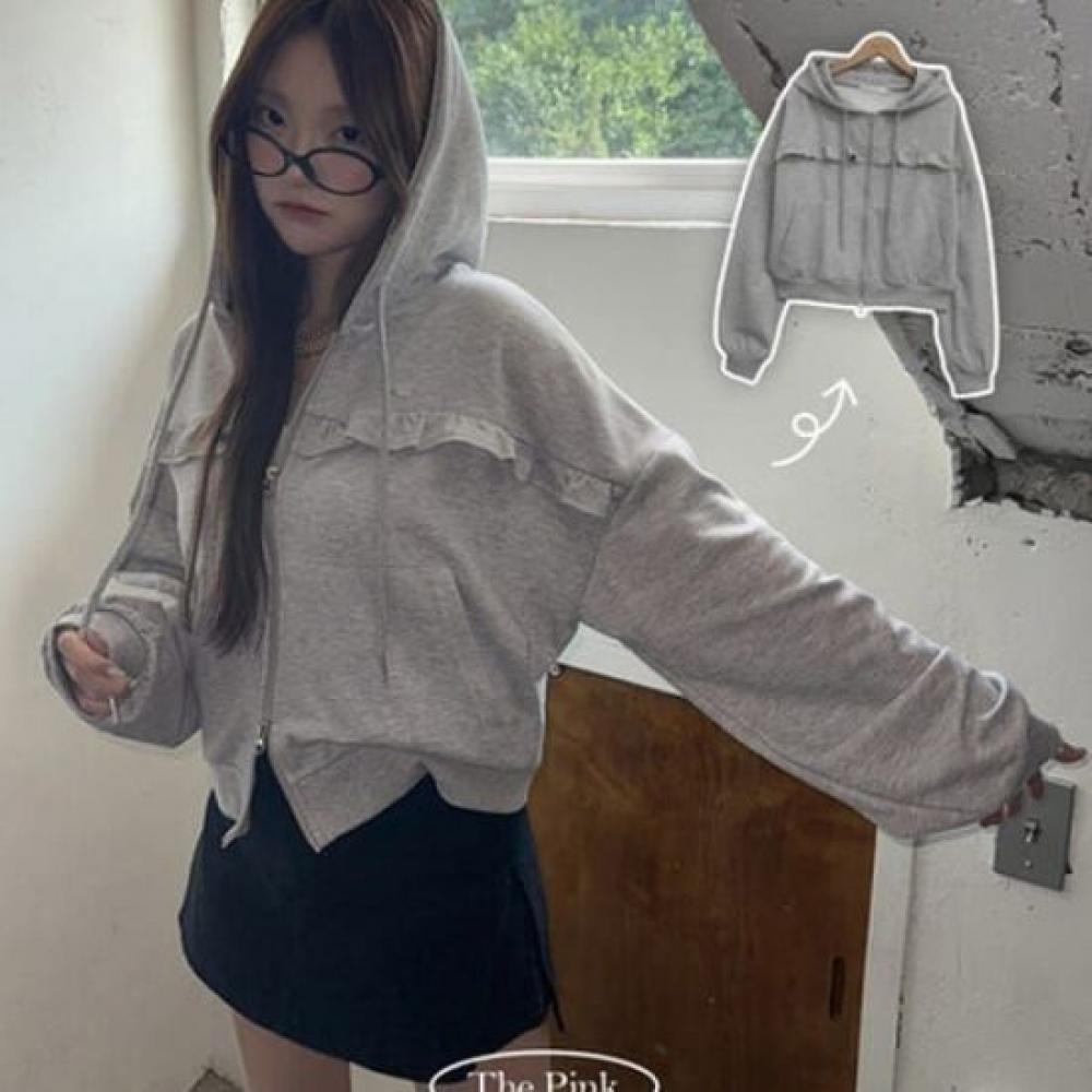 The Pink Loose Fit 2way Frill Hood Zip Up