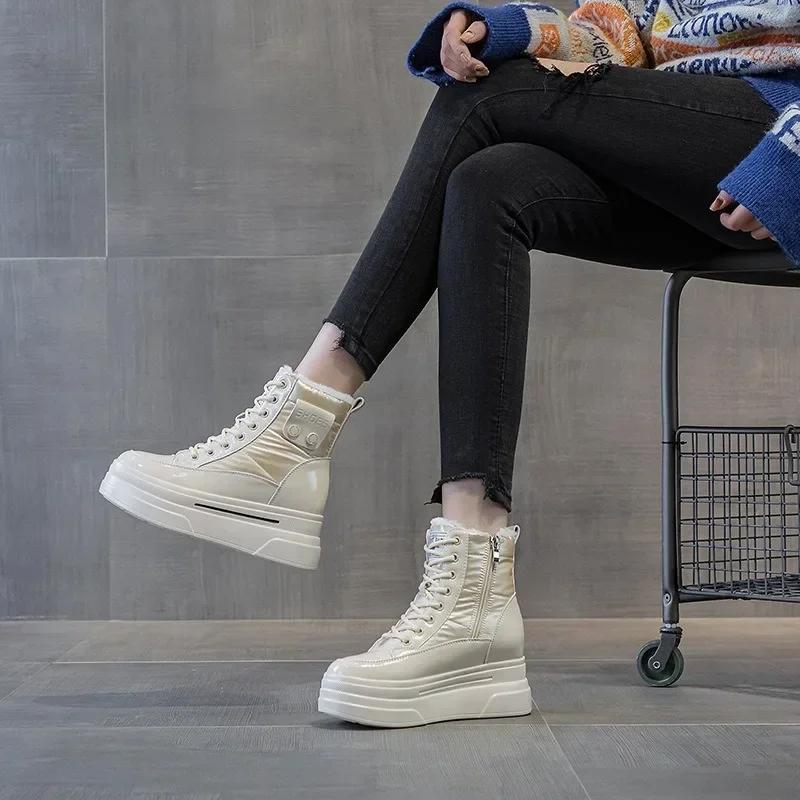 Fashion 2025 New Autumn Winter 9cm Cow Genuine Leather Down Cloth Women Ankle Booties Platform Wedge Females Plush Warm Shoes Snow Boots