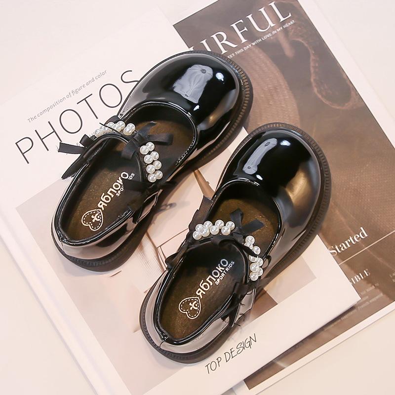 Girls Fashion Pearl Princess Leather Shoes 2025 Autumn New Children's Black Performance Shoes Bow Casual Shoes
