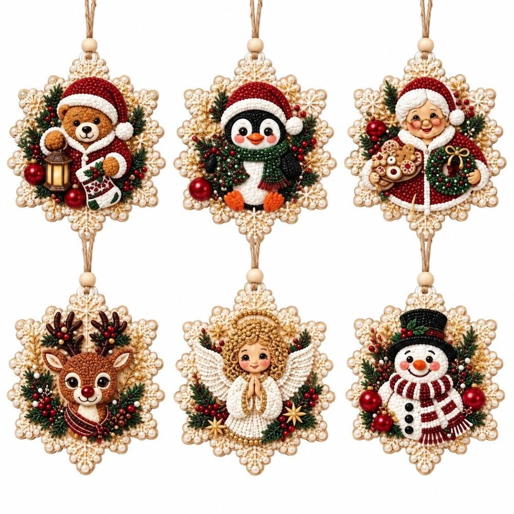 6pcs Pearl Diamond Painting Ornaments 2D Flat Wooden Tag Pendants  Christmas Theme