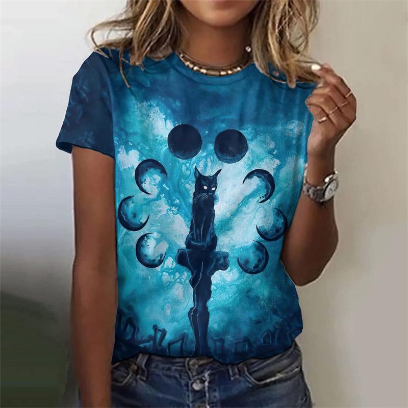 3D Printed Night Cat T-Shirt For Women Colorful Starry Sky Graphic Tees Summer Casual T Shirts Short Sleeves Round Neck Tops