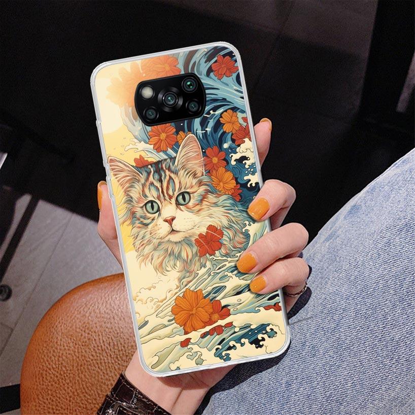 Anime Cat Sea Wave Aesthetic Phnoe Case for Xiaomi Poco X5 X6 X7 Pro X4 Gt F7 Ultra M8 M7 Redmi 15C 15 13C 13 12C 12 Unique Cove