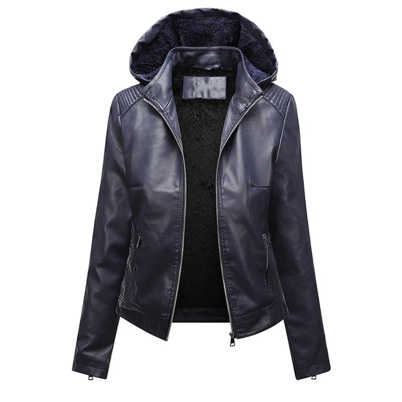 Giacca Invernale con Cappuccio in Ecopelle da Donna Taglie Forti Moda Slim Fit Caldo Cappotto