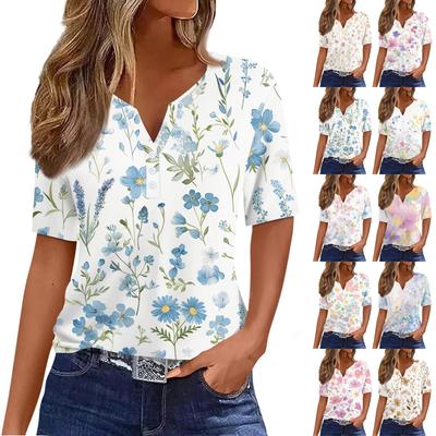 Women's T Shirt Print Button Short Sleeve Daily Weekend Fashion Basic V-Neck Regular Top