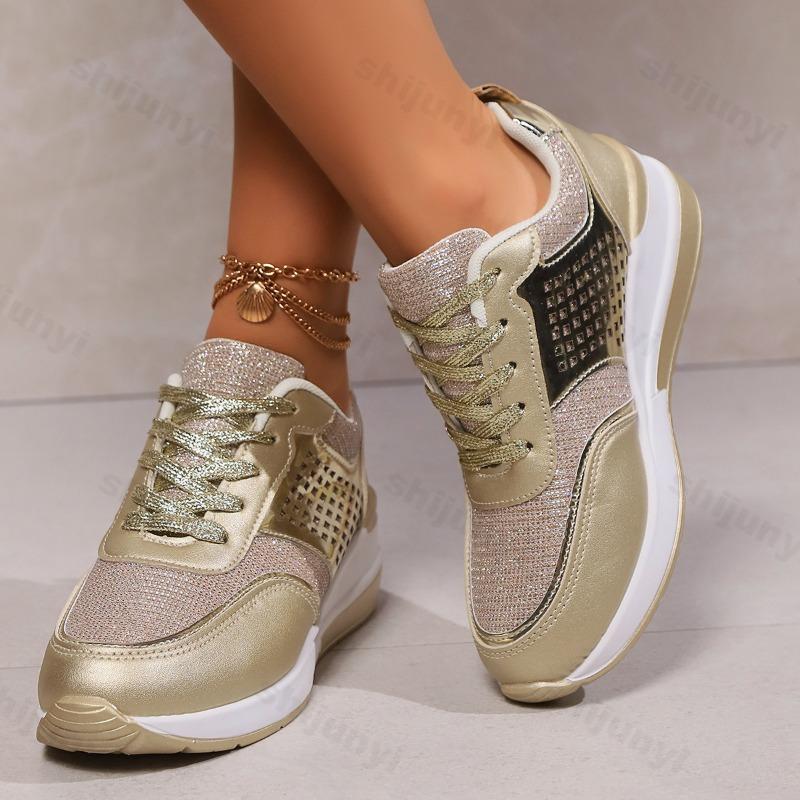 Women's Fashion Low Top Wedge Heel Casual Sports Shoes  Autumn Mesh Breathable Versatile Comfortable Lace Up Chunky Sneakers