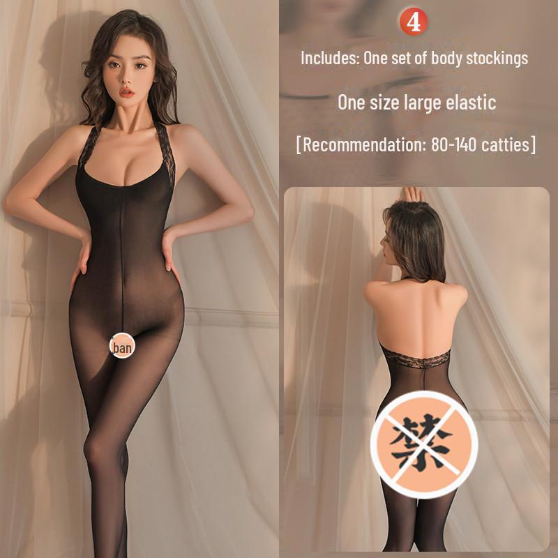 Erotic Black Mesh One-Piece Lingerie Set with Open Stockings - Tempting and Sexy
