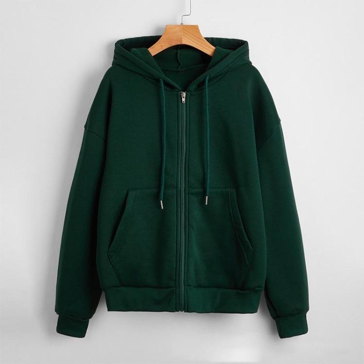 Casual Women's Loose Solid Color Fleece Zipper Jacket Long Sleeve Sweatshirt Top