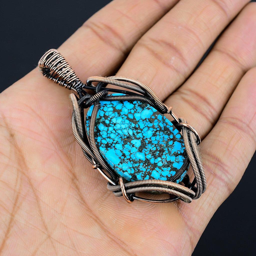 Tibetan Turquoise Pendant, 999 Copper Wire Wrapped Gemstone Jewelry, Handmade Pendant, For Thanksgiving