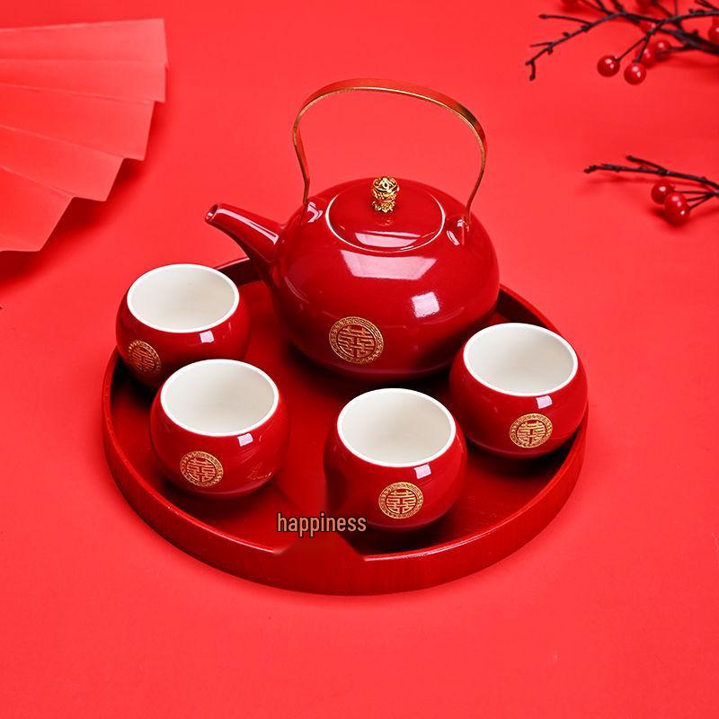 Red Chinese Wedding Tea Set: Complete Gift with Bride's Dowry Tray & Teapot