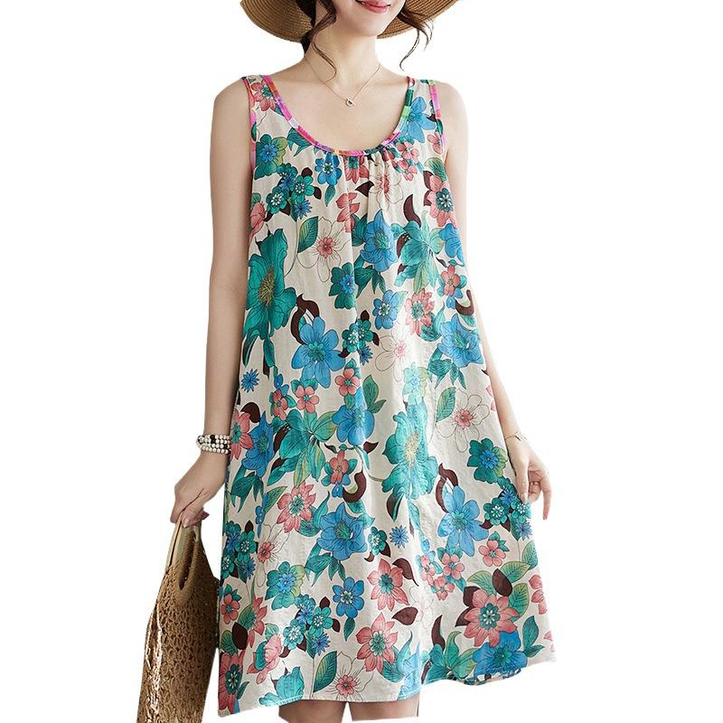 Real summer new cotton and linen large size literary loose sleeveless round neck printing suspender a word dress women