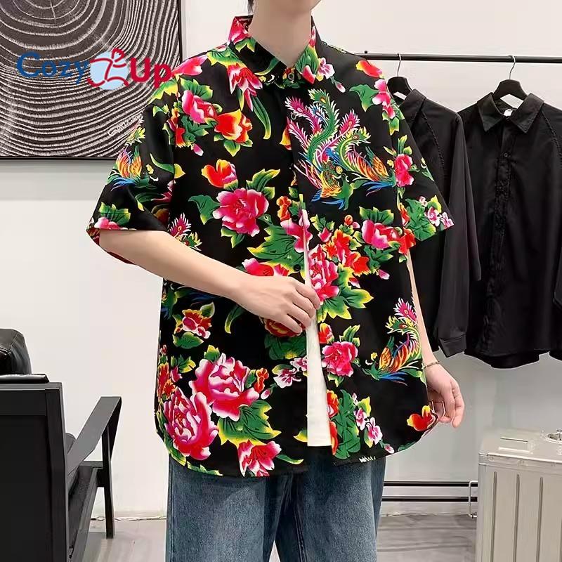 Cozy Up Men's Casual Northeast Large Flower Retro Couple Loose Short-sleeved Floral Shirt