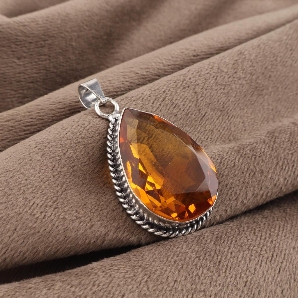 Natural Citrine Gemstone Silver Pendant 1.8" , 925 Sterling Silver Jewelry, Handmade Women's Pendant For Gift PP-65-10
