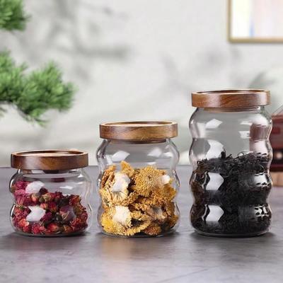3Piece Set of Miscellaneous Grain Glass Storage Jars, Hammer Patterned Acacia Wood Lid Sealed Jars, Coffee Bean Storage Jars, Storage Bottles