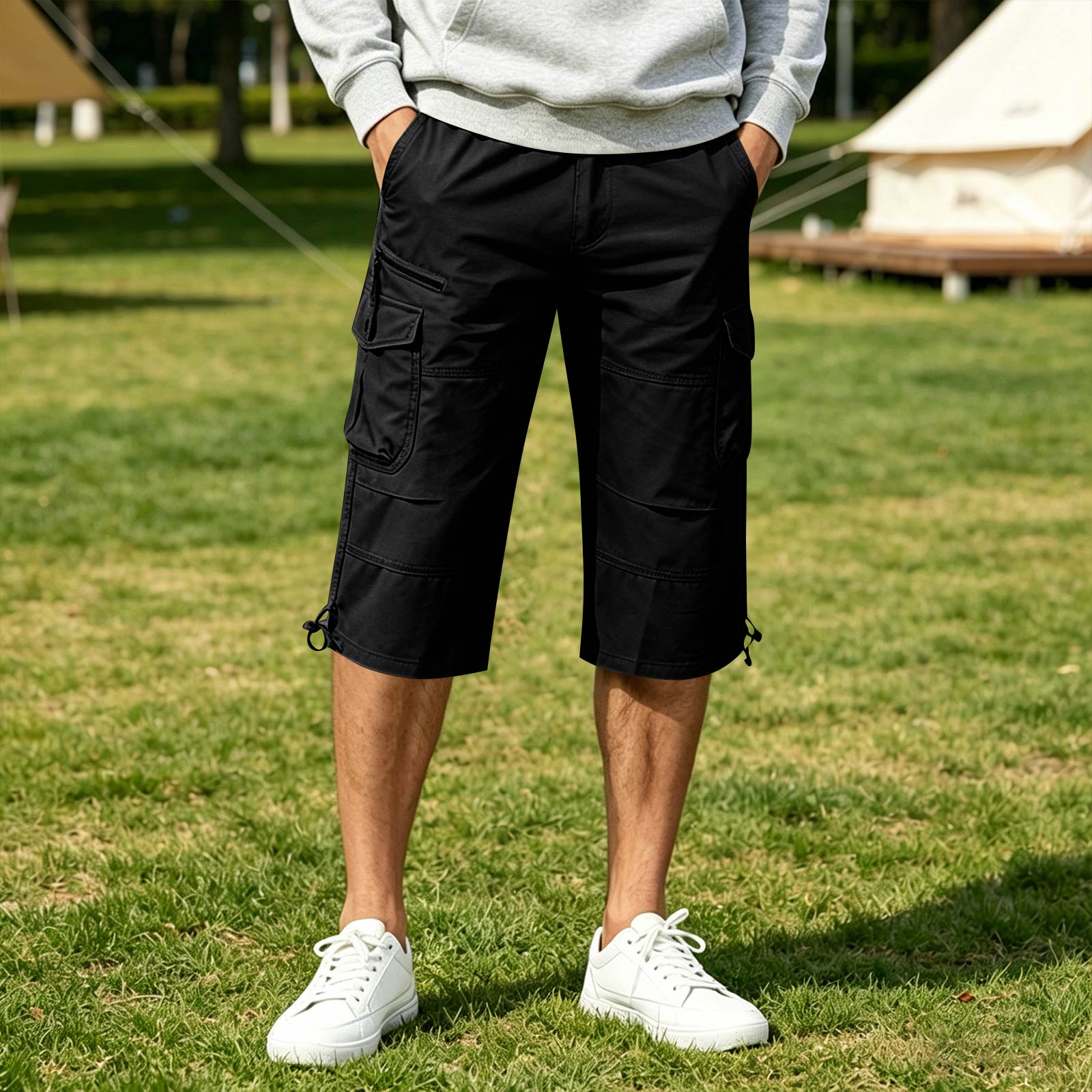 

Men s Loose Fit Cargo Shorts Lightweight Workwear Multi Pocket Knee Length Cotton Blend Casual Bottoms M чёрный