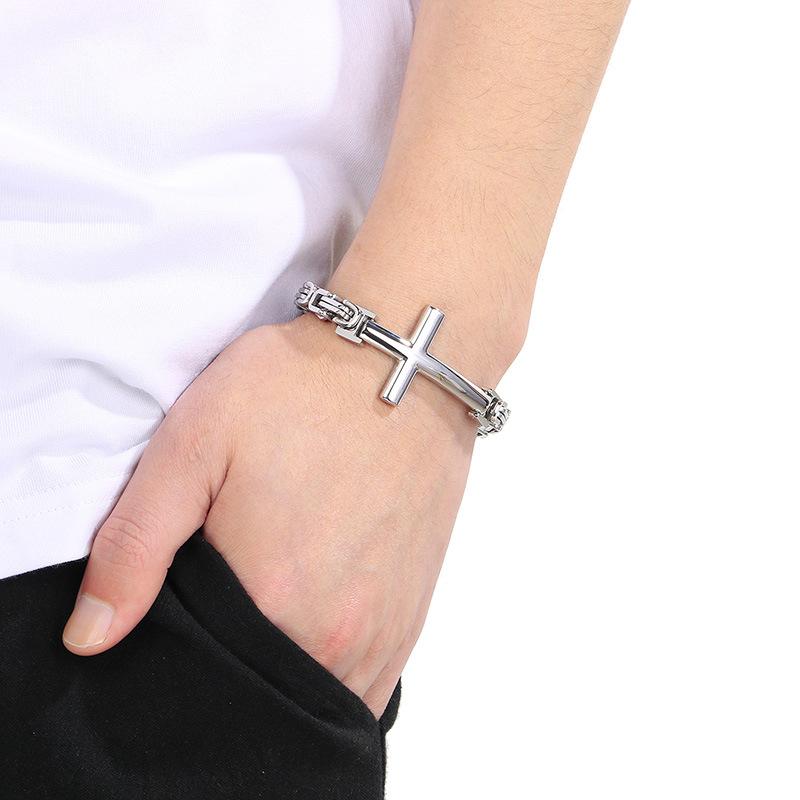 Rock Vintage Cross Bracelet, Personalized Cross Bend Byzantine Emperor Chain Titanium Steel Bracelet For Men
