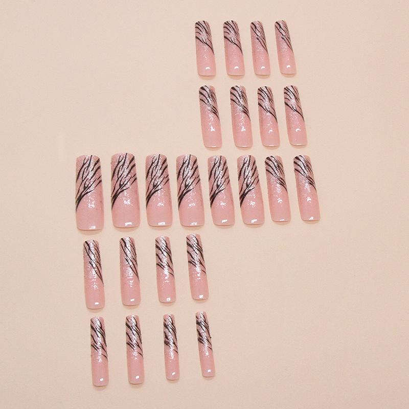 Long water pipe nail outer size fake nail manicure tablet pink silver wave three-dimensional manicure patch French nail tablet