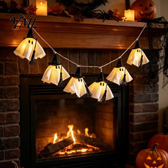 Retro-Textur Halloween-Requisiten Geister-Lichterkette, Hängendes Stoffstück mit Zaubererhut, Fenster-Kamin-Wanddekoration Leuchtende Lichterketten für Zuhause