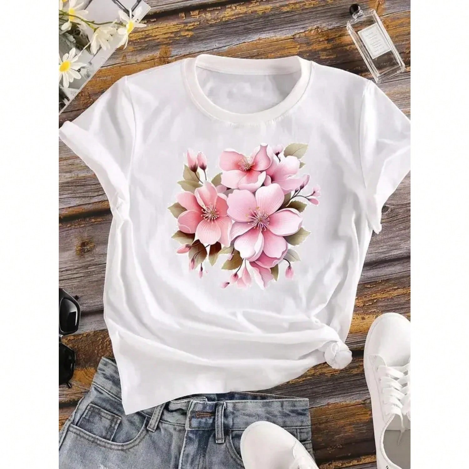 Flower Feather Print T Shirt Cotton Casual Short Sleeve Round Neck T Shirt Fashion Retro Spring unisex White Fashion T Shirt S разноцветный