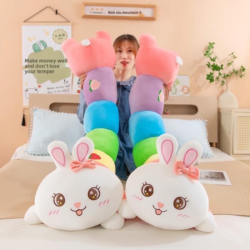 Cute Rainbow Long Plush Bunny Pillow For Girls Sleep Comfort