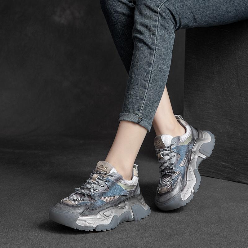 Fashion 5CM Air Mesh Genuine Leather Chunky Sneaker Flats Booties Autumn Sneaker Women Comfy Spring Summer Mixed Color Ankle Boots Shoes