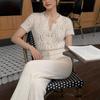 Women S Hollow Out Cardigan Round Neck Pearl Button Slim Fit Solid Color 3 4 Sleeve