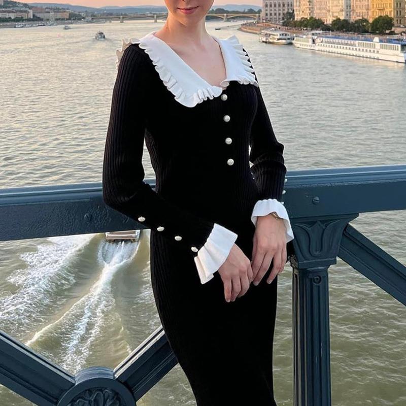 Podzimní Pletené Šaty s Dlouhým Rukávem a Volánky Dámská Móda Zimní Slim Fit Svetrové Šaty s Vysokým Pasem Dámské Elegantní Vintage Sexy Párty Ležérní Šaty 25085