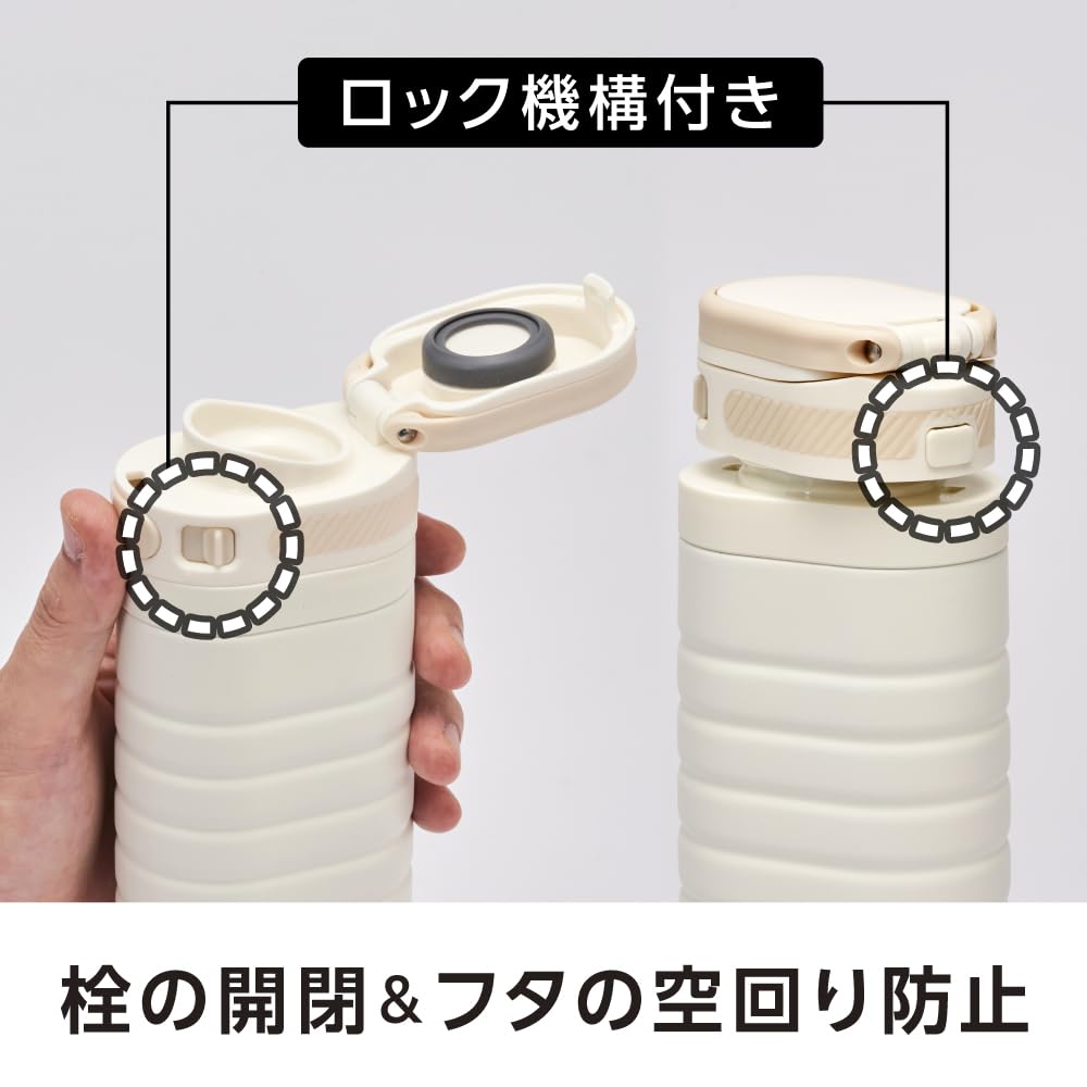 Sutto One-Touch Water Bottle, 380ml, Slim, Double-Layer Vacuum-Covered, HotCold Insulation, with Locking Function, Stainless Steel Bottle, Ivory, by