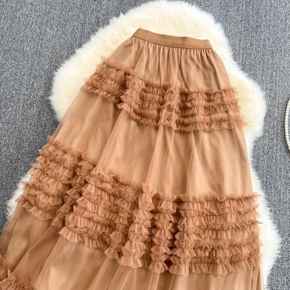 Summer High Waist Thin Multi-Layer Wooden Ear Side Puffy Cake Dress Elastic Waist Medium And Long Mesh A-Shaped Dress Female