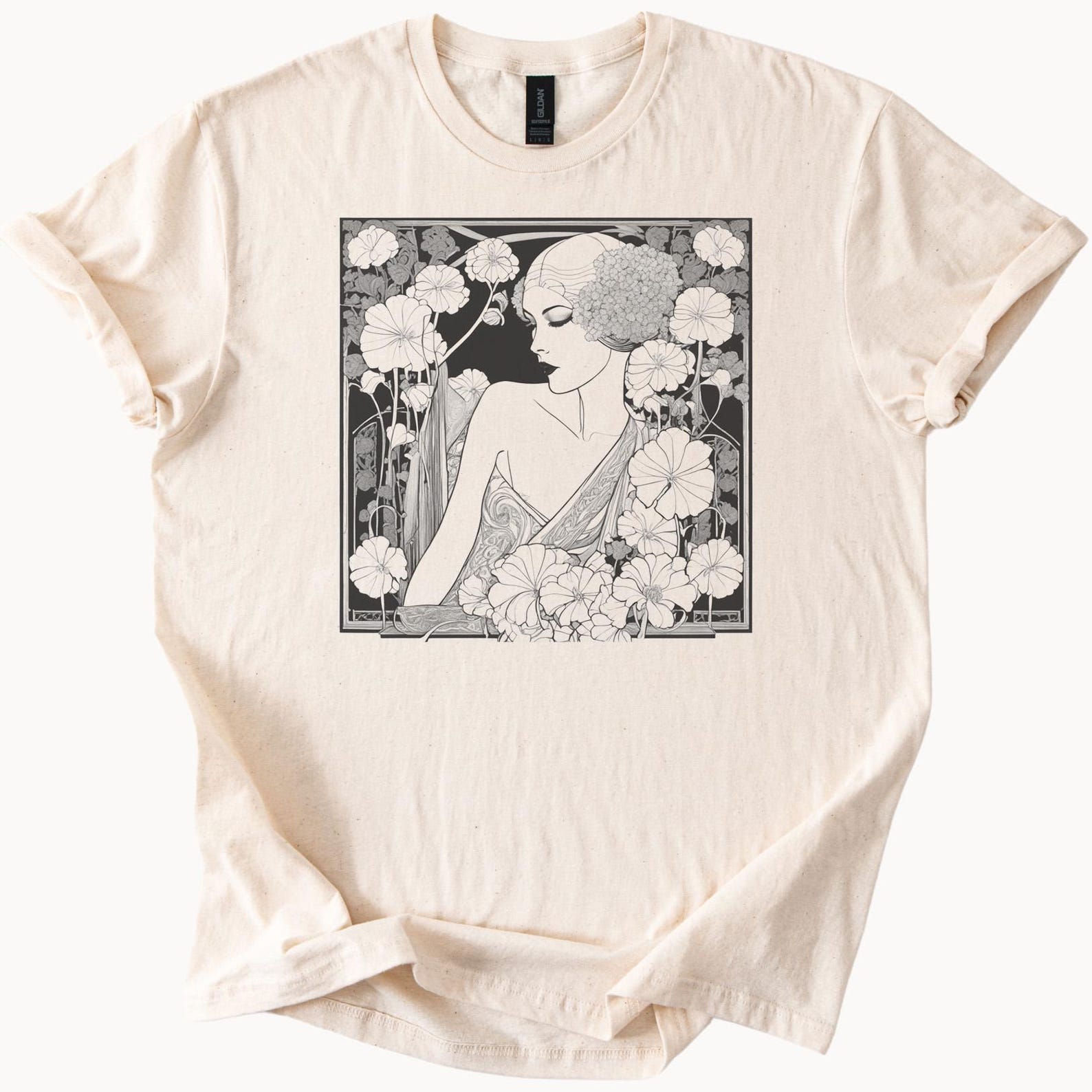 art nouveau floral woman line art graphic shirt botanical flowers tee 100