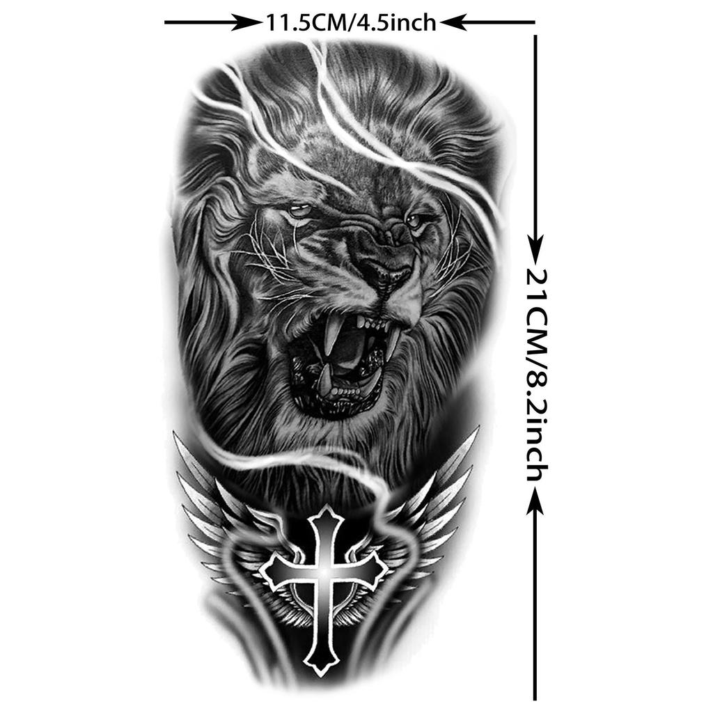 1 Sheet Lion Wolf Skeleton Nun Tiger Black Temporary Tattoos For Men Adult Leg Arm Compass Flower Fake Tattoo Sticker Waterproof