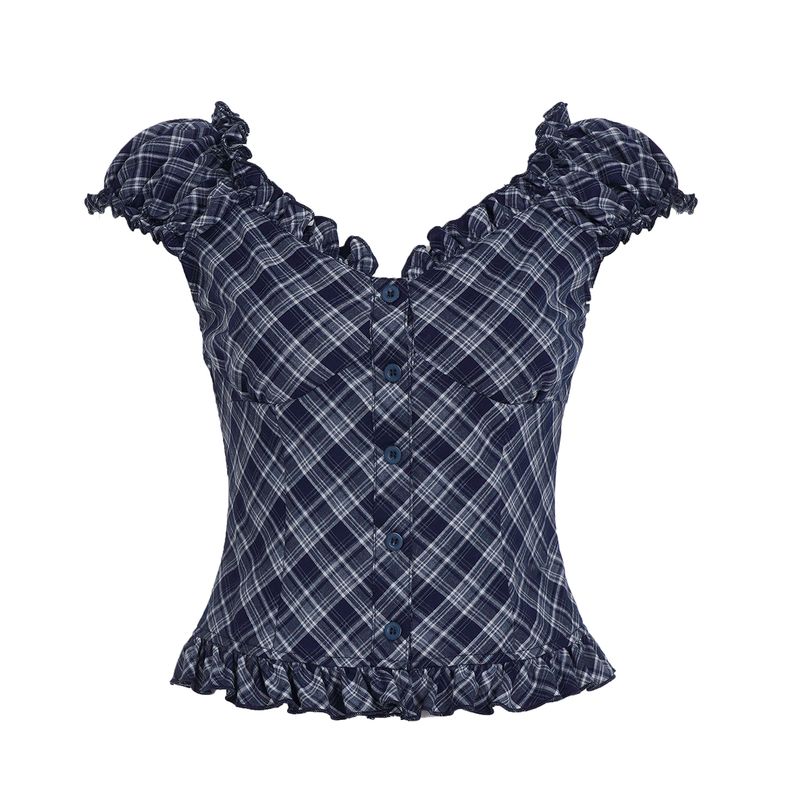 

H Home European and American Women s Clothing French College Blue Plaid V Neck Puff Sleeve Shirt Waist-Tight Slim Looking Ruffled Top Dark blue S
