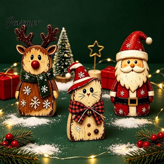 Vintage Santa Claus Elk Cat Figurines Christmas Wooden Tabletop Figurine, Hand Painted Reindeer Decor, Rustic Winter Home Holiday Ornaments