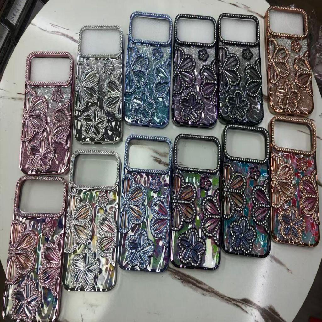 Glitter Gradient Rhinestone Flower Phone Case for Apple 17 Pro Max - Girly Style (Fits 11/12/15/16)