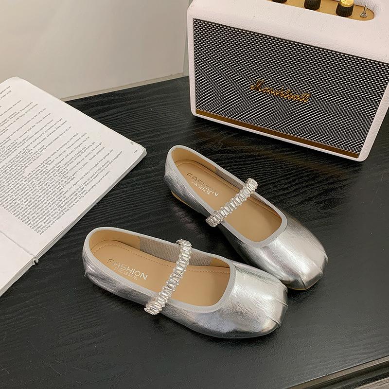 

Fairy лето 2025 новые французские туфли Мэри Джейн с квадратным носком из атласа с мелким ароматом, женские балетки, нишевые интернет-знаменитости 40 серебряный