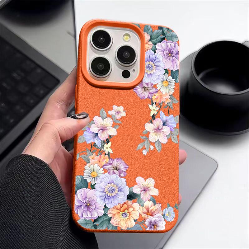 Flower Print Soft Phone Case For iPhone 16 15 14 Pro Max 16 Plus 12 13 Pro 11 Luxury Leather Texture TPU Shockproof Cover Fundas