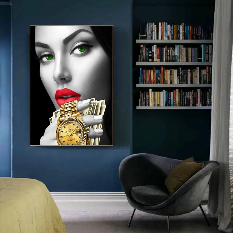 Sexy Woman Red Lips Burning Dollars Money Posters Canvas Painting Luxury Watch Fashion Wall Art Living Room Home Decor