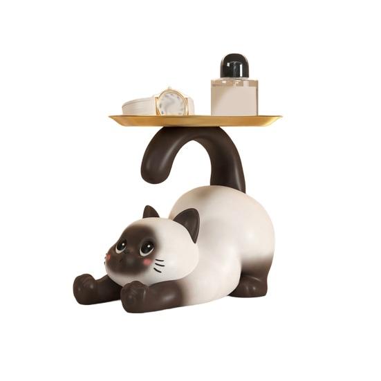 Siamese Cat Statue Candy Bowl Multi-Functional Key Trinkets Jewelry Organizer Dish Holder Home Office Desktop Decoration Ornament