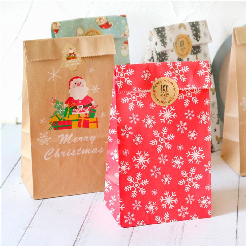 12Set Christmas Gift Bag Kraft Paper Bags Santa Claus Snowman Xmas Party Candy Bag Cookie Xmas Packaging Bag Pouch Wrapping