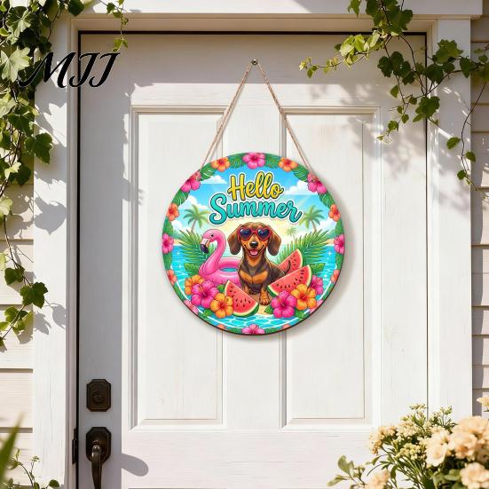 Natural Hemp Rope Sign Hello Summer Door Sign, Spring Beach Flowers Welcome Wooden Round Hanging Decor Front Plaque for Wall, Outdoor Porch