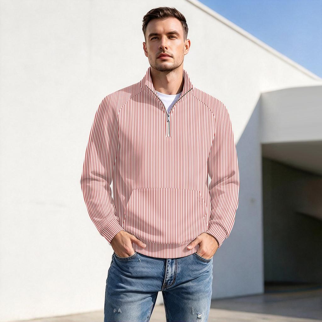 Herren Pullover mit vertikalem Streifenprint, Reißverschluss und Stehkragen, Lässiges Falten- Sportoberteil für Herbst Winter