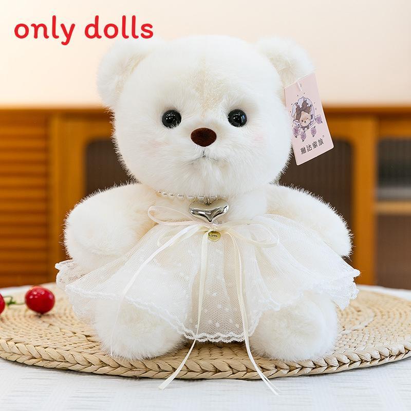 Plush Teddy Bear Toy With Love Heart Pendant And Skirt Decoration For Children White Ribbon