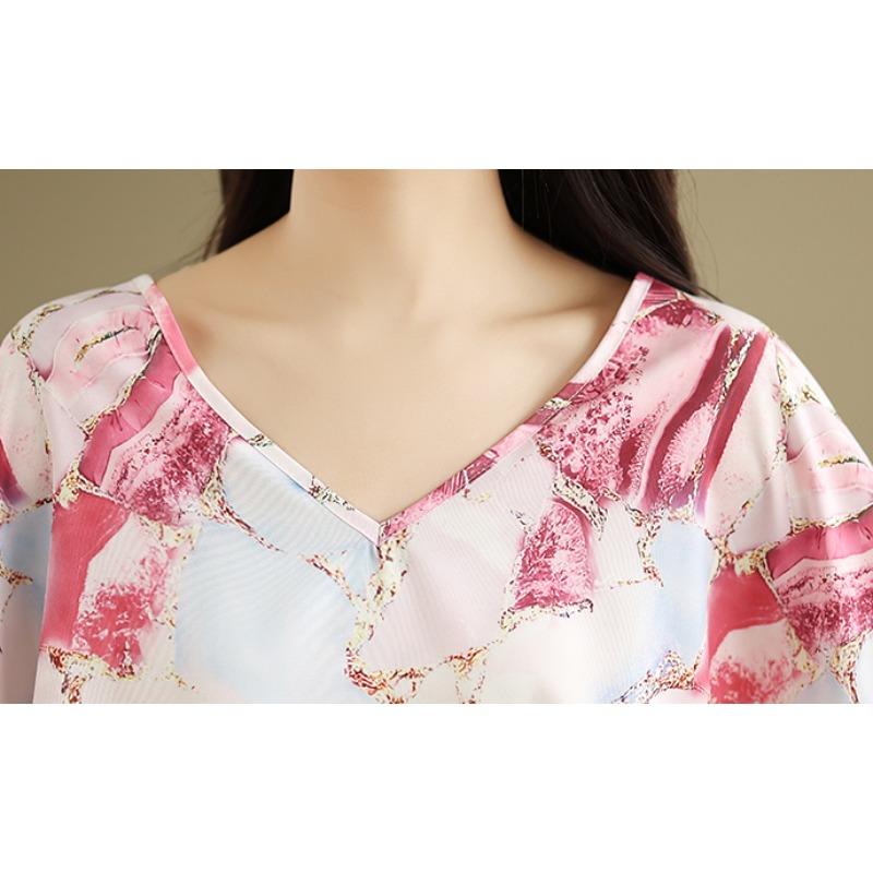 Dimanaf 2025 Women New Summer Plus Size T-Shirt Batwing Sleeves Printing V-Neck Vintage Loose Tops Tees Maxi