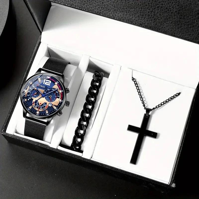 

3 шт./набор 1 шт. Модные мужские календарные деловые кварцевые наручные часы из нержавеющей стали с сетчатым ремешком и набор браслетов-ожерелий