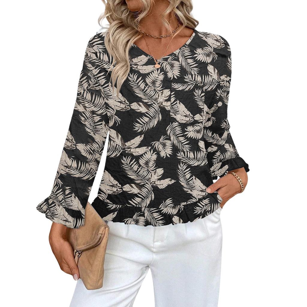 Dámský ležérní módní top s volánky, výstřihem do V, potiskem a dlouhým rukávem