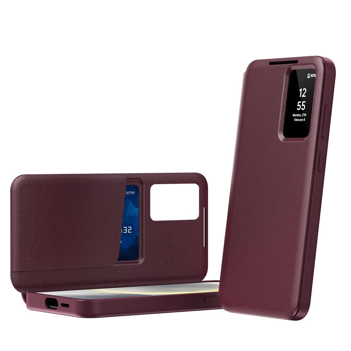 Étui à rabat en cuir avec vue sur fenêtre intelligente pour Samsung Galaxy S26 S25 S24 S23 Ultra Plus Housse de livre avec emplacement pour carte de réponse sans rabat For S26 Ultra rouge