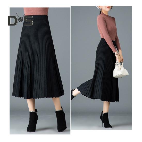 Women Pleated Skirt Elastic High Waist A-Line Midi Skirt Solid Color Mid-calf Length Skirt Thickened Commuting Style Skirt
